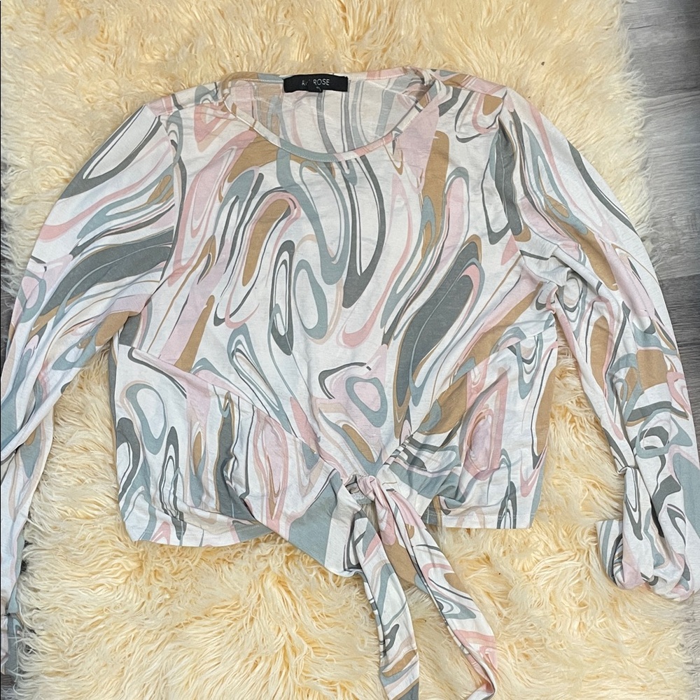Elegant Swirl Patterned Tie-Front Blouse - Pink, Gray, Cream